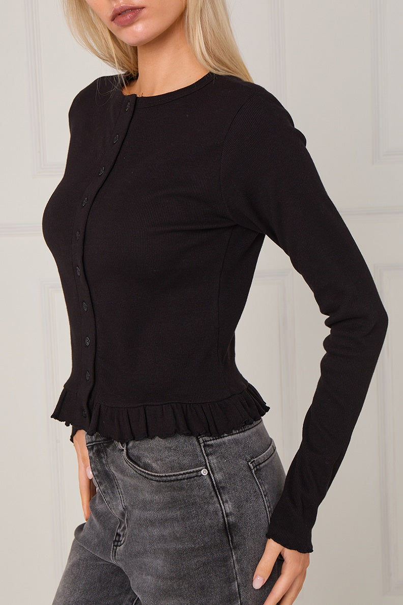 Ribbed Frill Hem Button Up Top - Akira