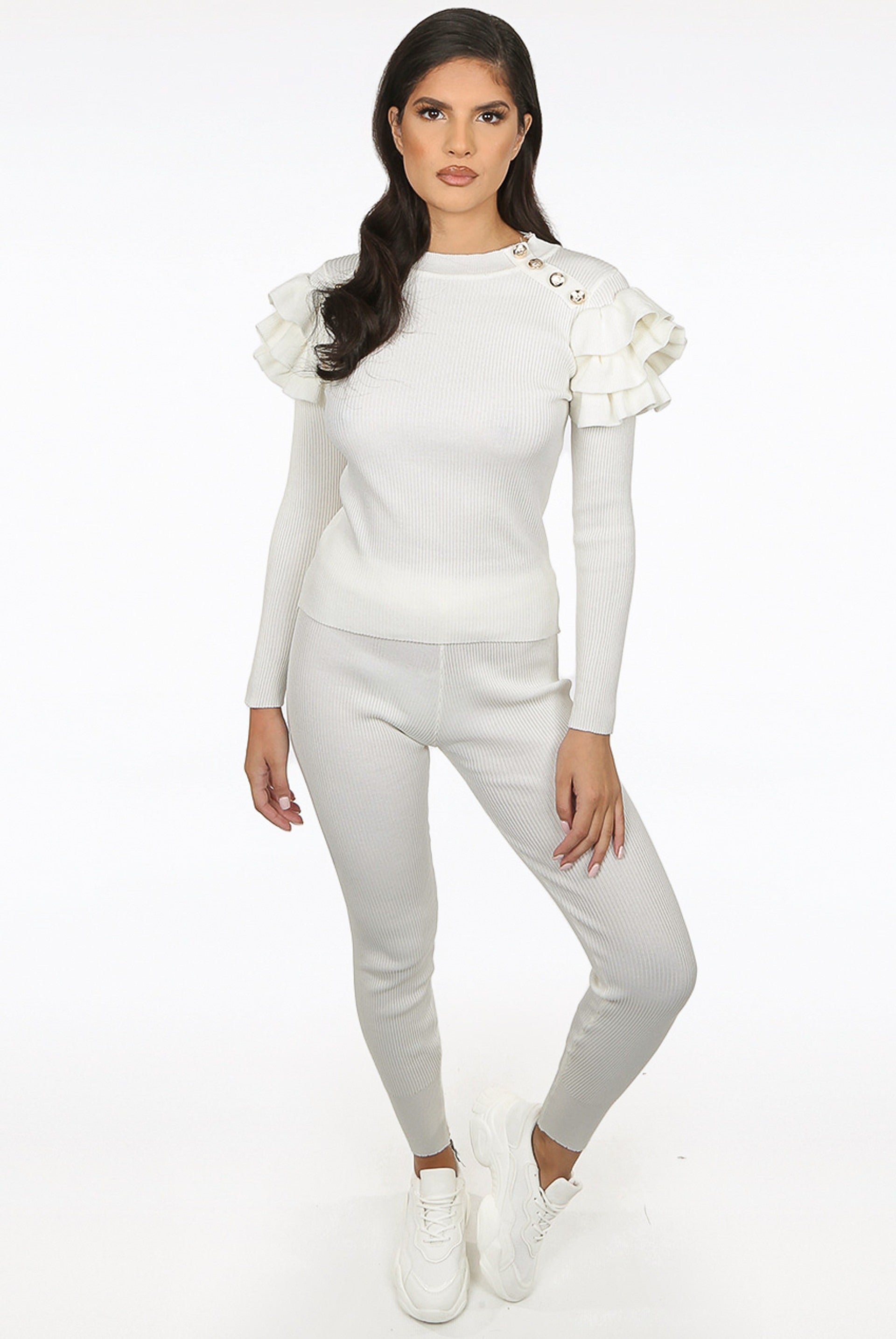 Off White Ribbed Knitted Ruffle Jumper & Legging Set - Lacey - Storm Desire