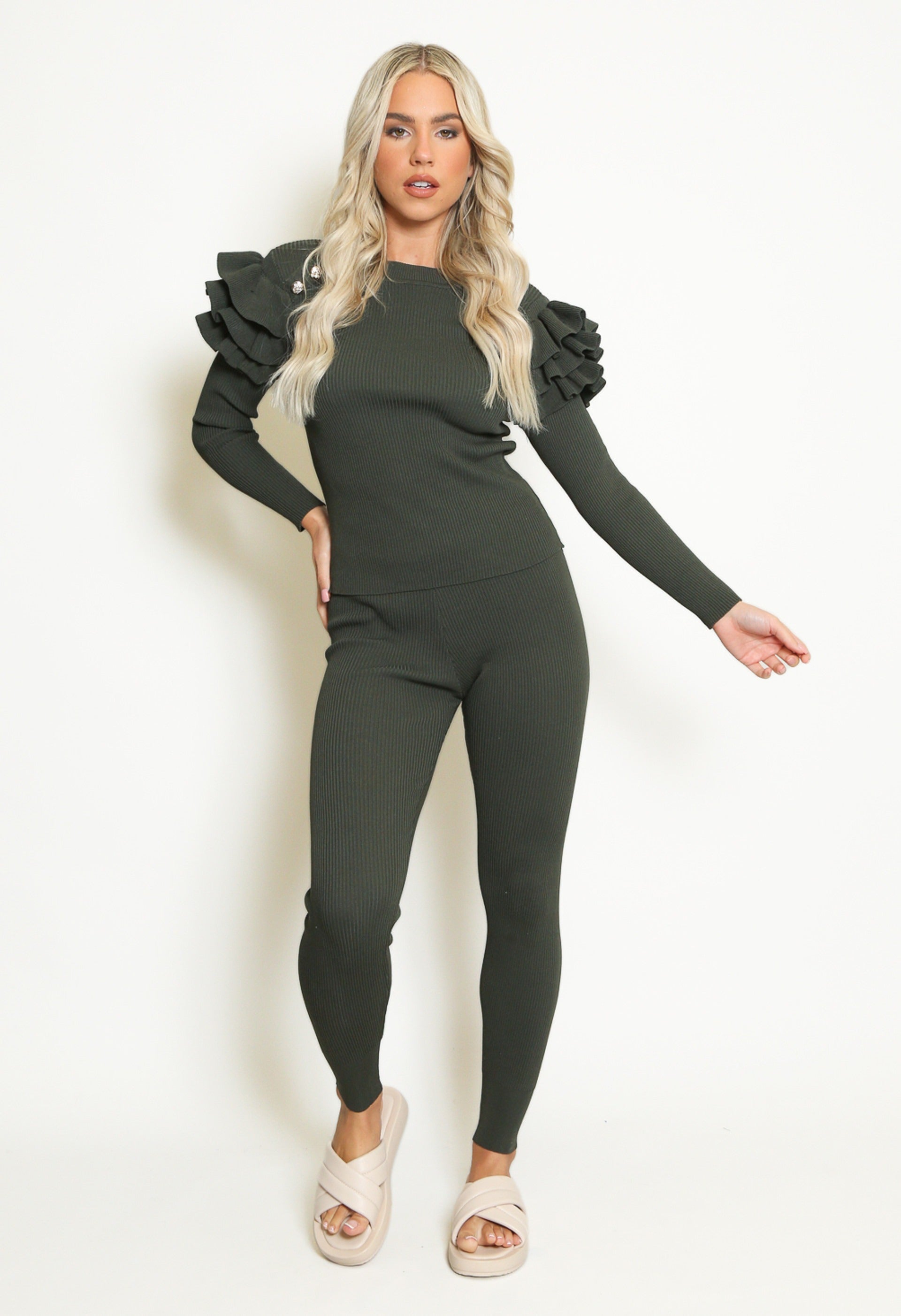 Khaki Green Ribbed Knitted Ruffle Jumper & Legging Set - Lacey - Storm Desire
