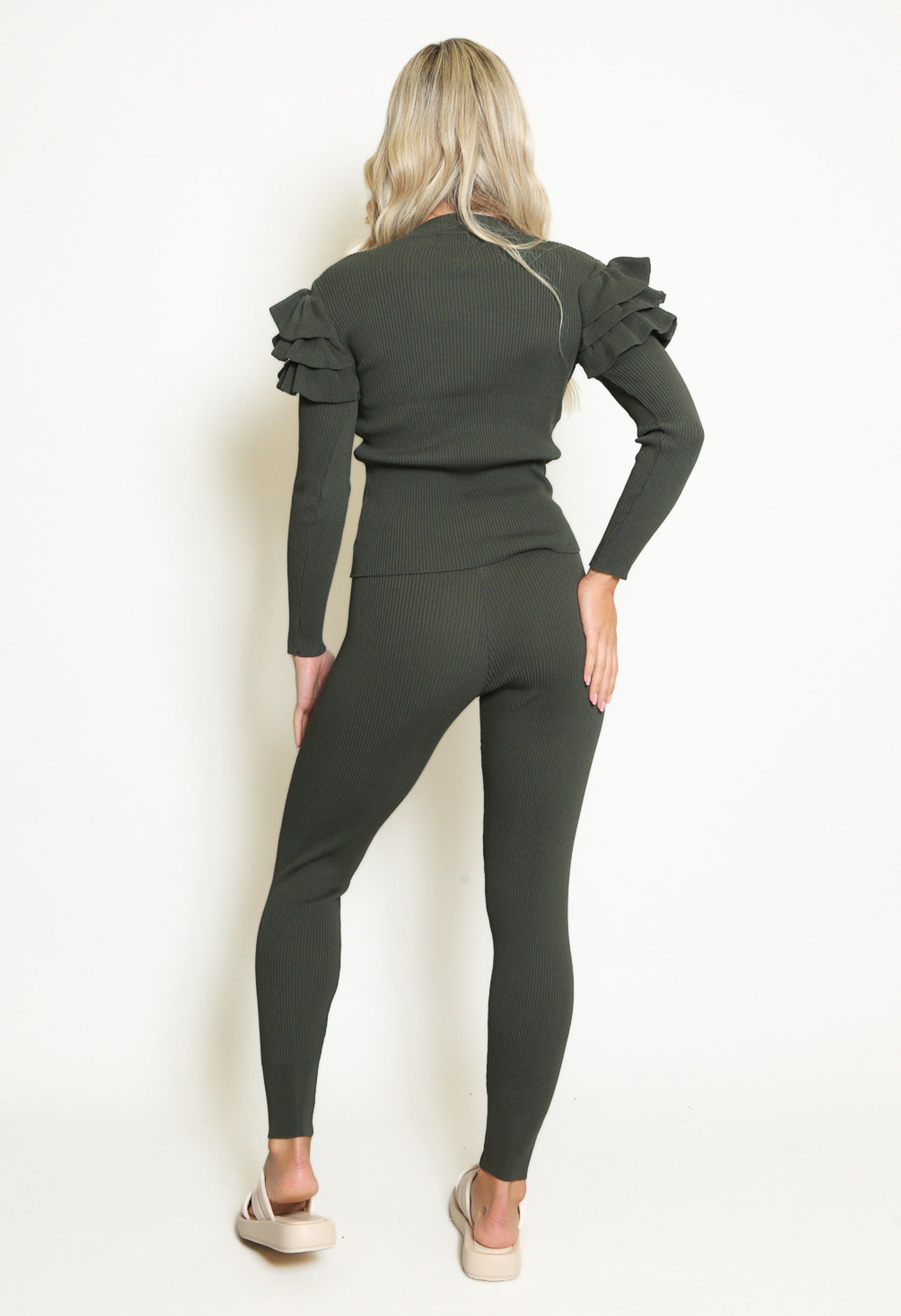 Khaki Green Ribbed Knitted Ruffle Jumper & Legging Set - Lacey - Storm Desire