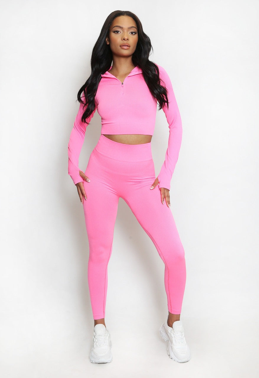 Neon Pink Active Ribbed Zip Top & Leggings Set - Ruby - Storm Desire