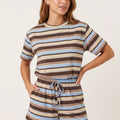Striped crew neck t-shirt and drawstring shorts set, light blue and brown