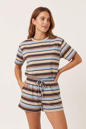 Striped crew neck t-shirt and drawstring shorts set, light blue and brown