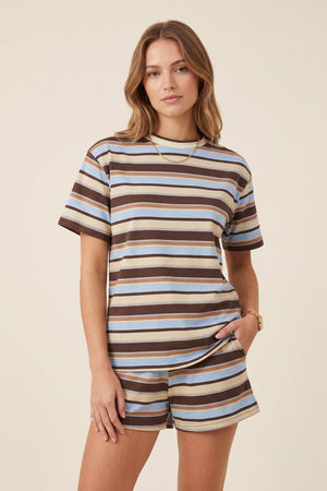 Striped crew neck t-shirt and shorts set with elastic waist, blue and tan stripes