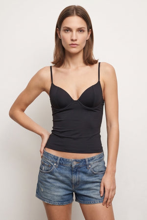 Sculpt corset camisole in black, V-neck with slim spaghetti straps.