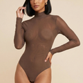 Mocha high-neck mesh bodysuit with long sleeves and sheer fitted torso