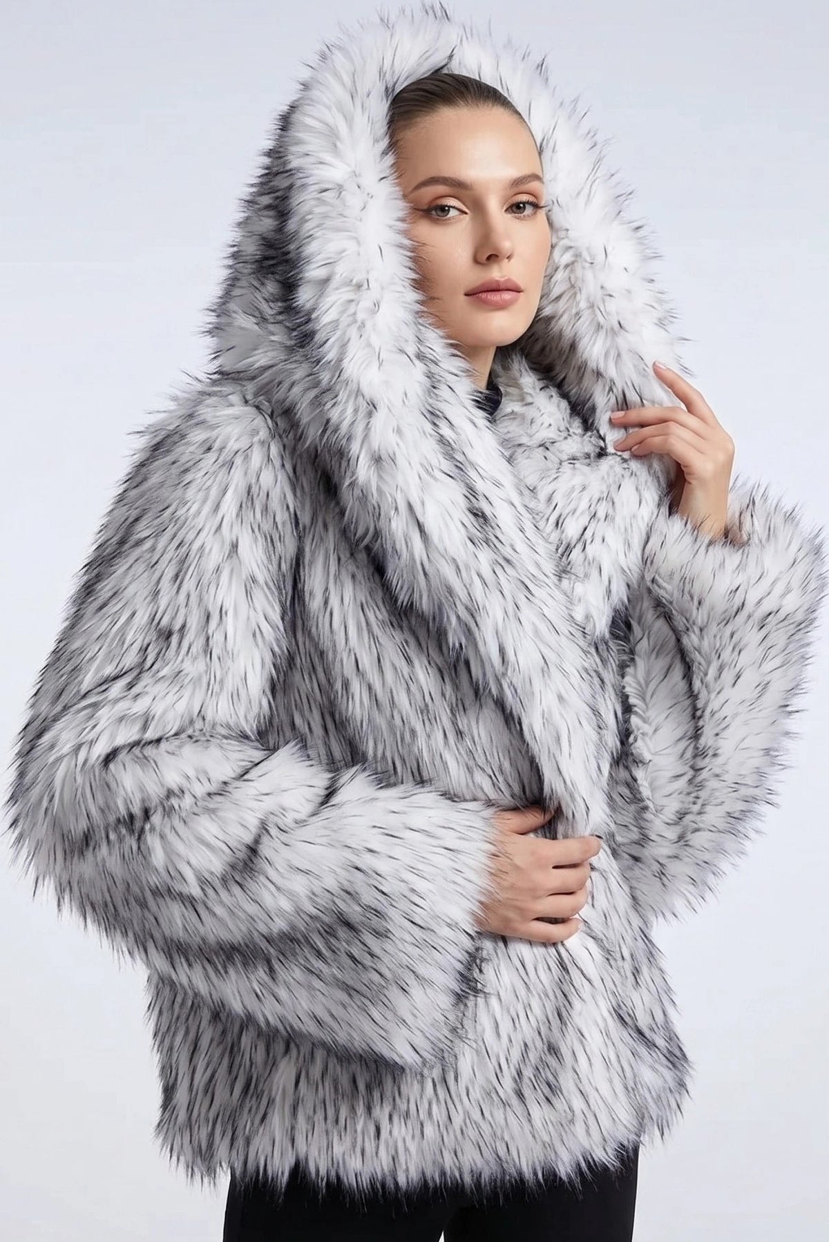 Shaggy fur hooded coat in gray with a large hood and long pile