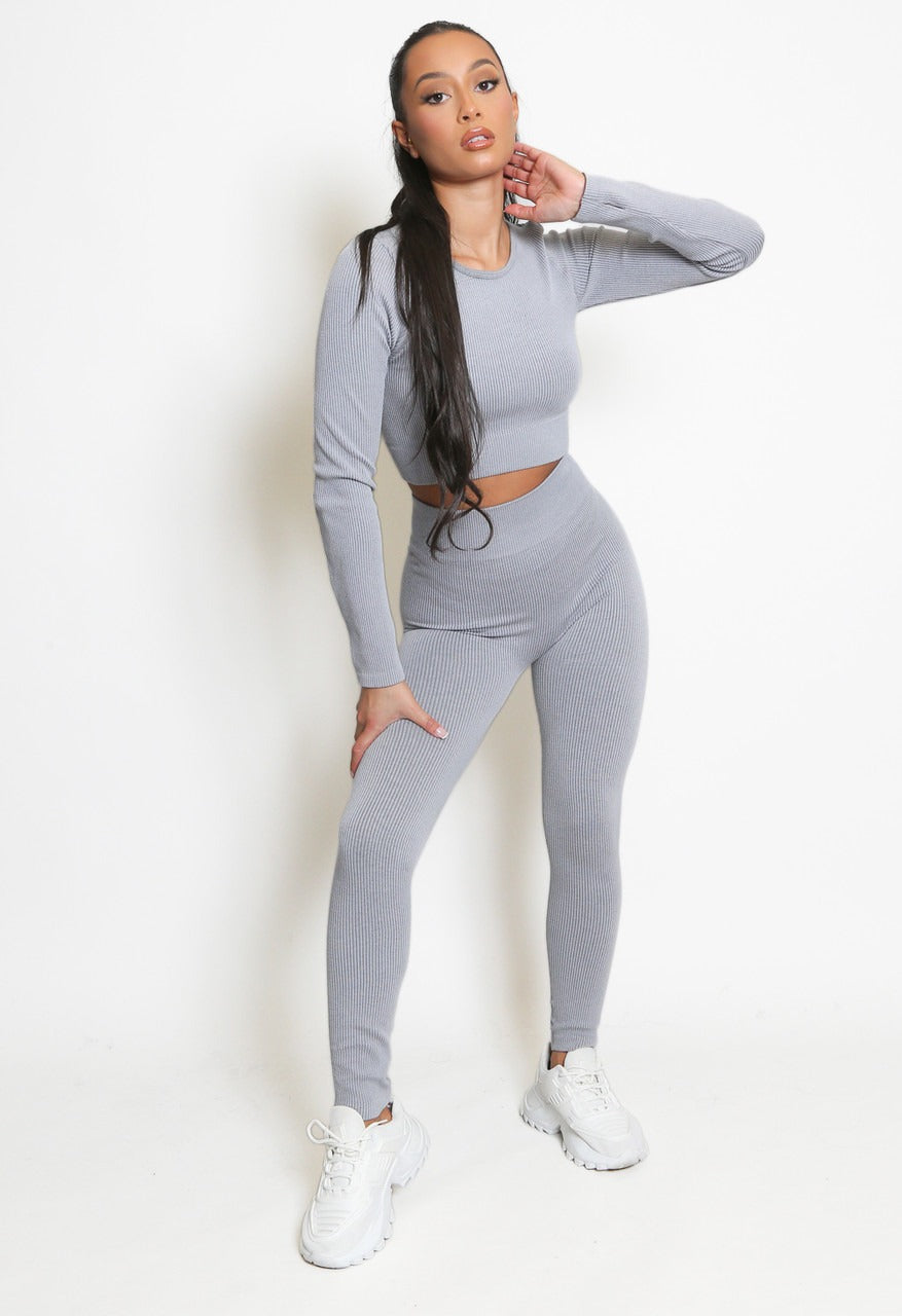 Light Grey Ribbed Active Gym set - Elena - Storm Desire