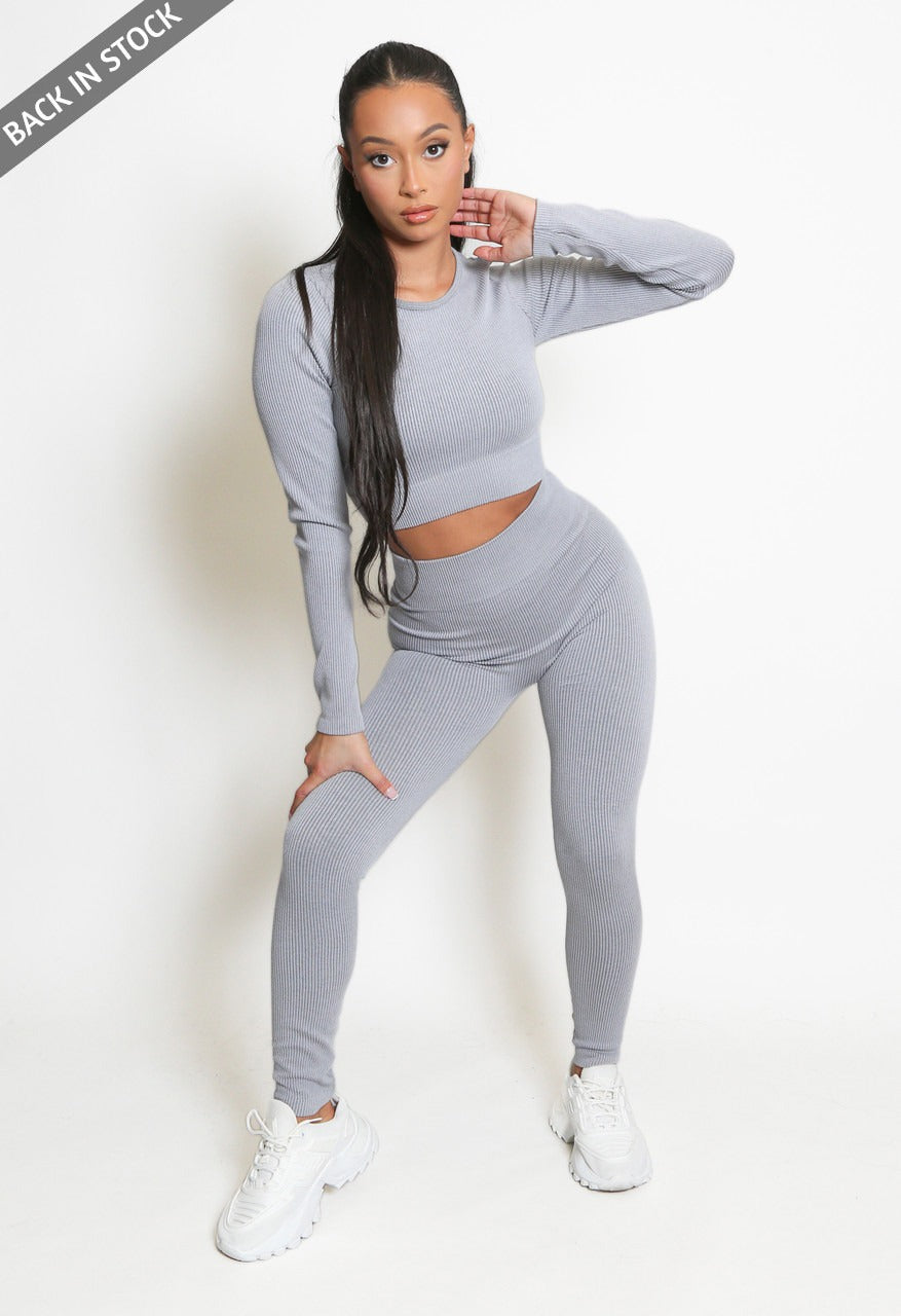 Light Grey Ribbed Active Gym set - Elena - Storm Desire