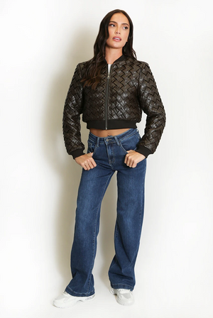 Faux leather woven bomber jacket with front zipper and ribbed cuffs, black