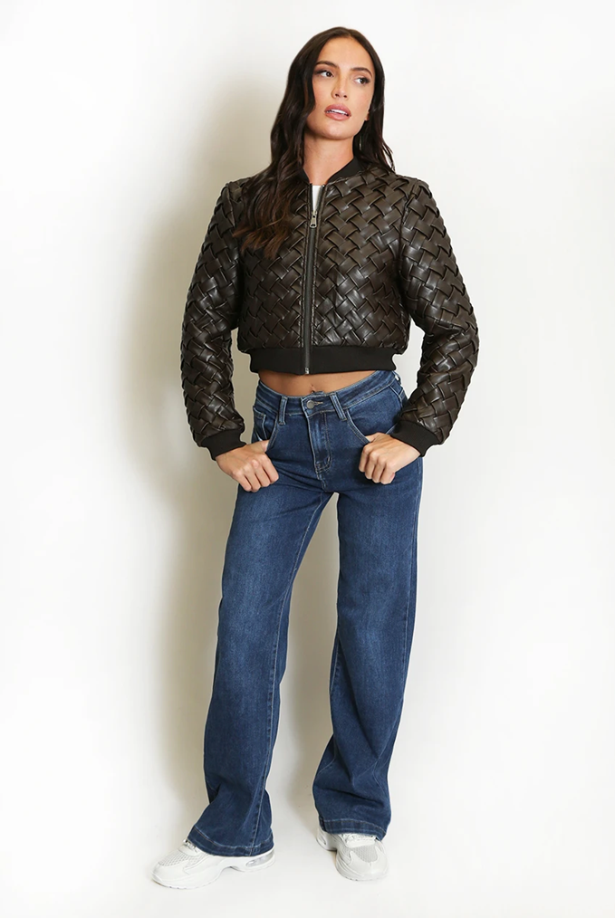 Faux leather woven bomber jacket with front zipper and ribbed cuffs, black