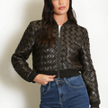 Faux leather woven bomber jacket with front zipper and ribbed cuffs, black