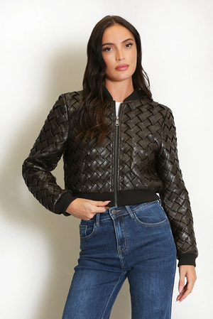 Faux leather woven bomber jacket with front zipper and ribbed cuffs, black