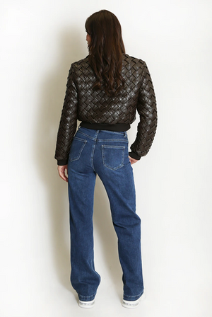Faux leather woven bomber jacket, back view, front zipper and ribbed cuffs, dark