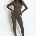 Brown sculpted gym jacket and leggings set, front view with front zip