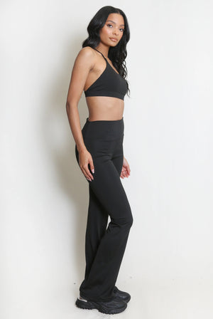Ruched push-up flare trousers, black, side view with smooth front and flare leg