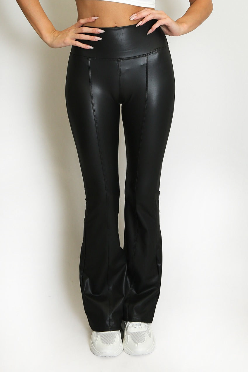 Black Wet Look Flare Trouser - Elsa