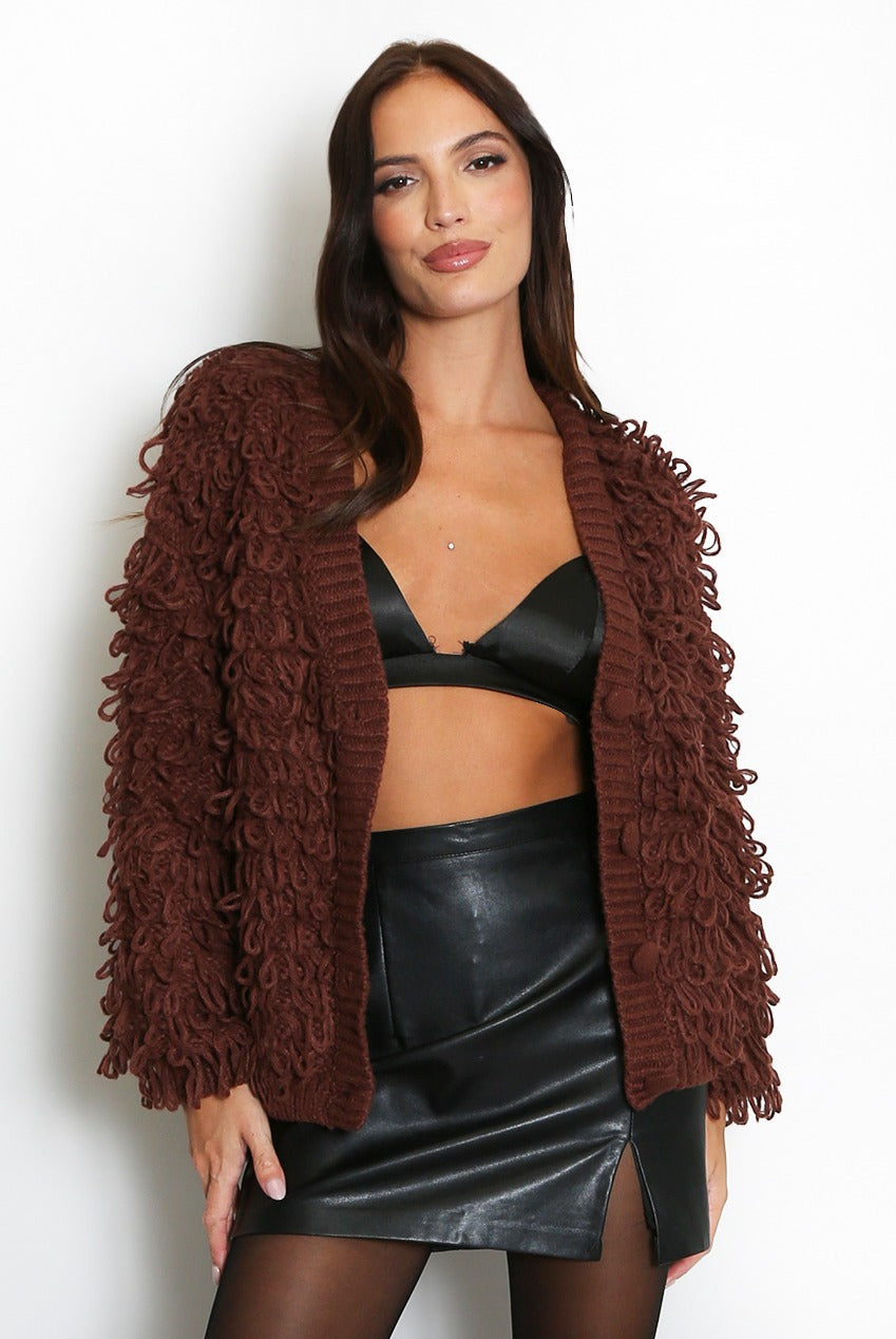 Brown loop-knit cardigan with deep V-neck, button front, textured loop yarn, long sleeves