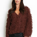 Brown loop-knit cardigan with button front, textured loop yarn, long sleeves, V-neck