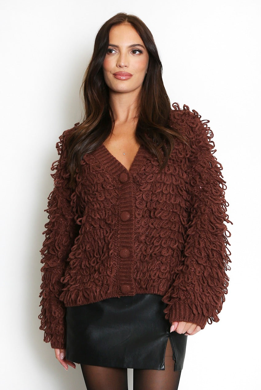 Brown loop-knit cardigan with button front, textured loop yarn, long sleeves, V-neck