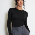 Black long-sleeve plain bodysuit with crew neck