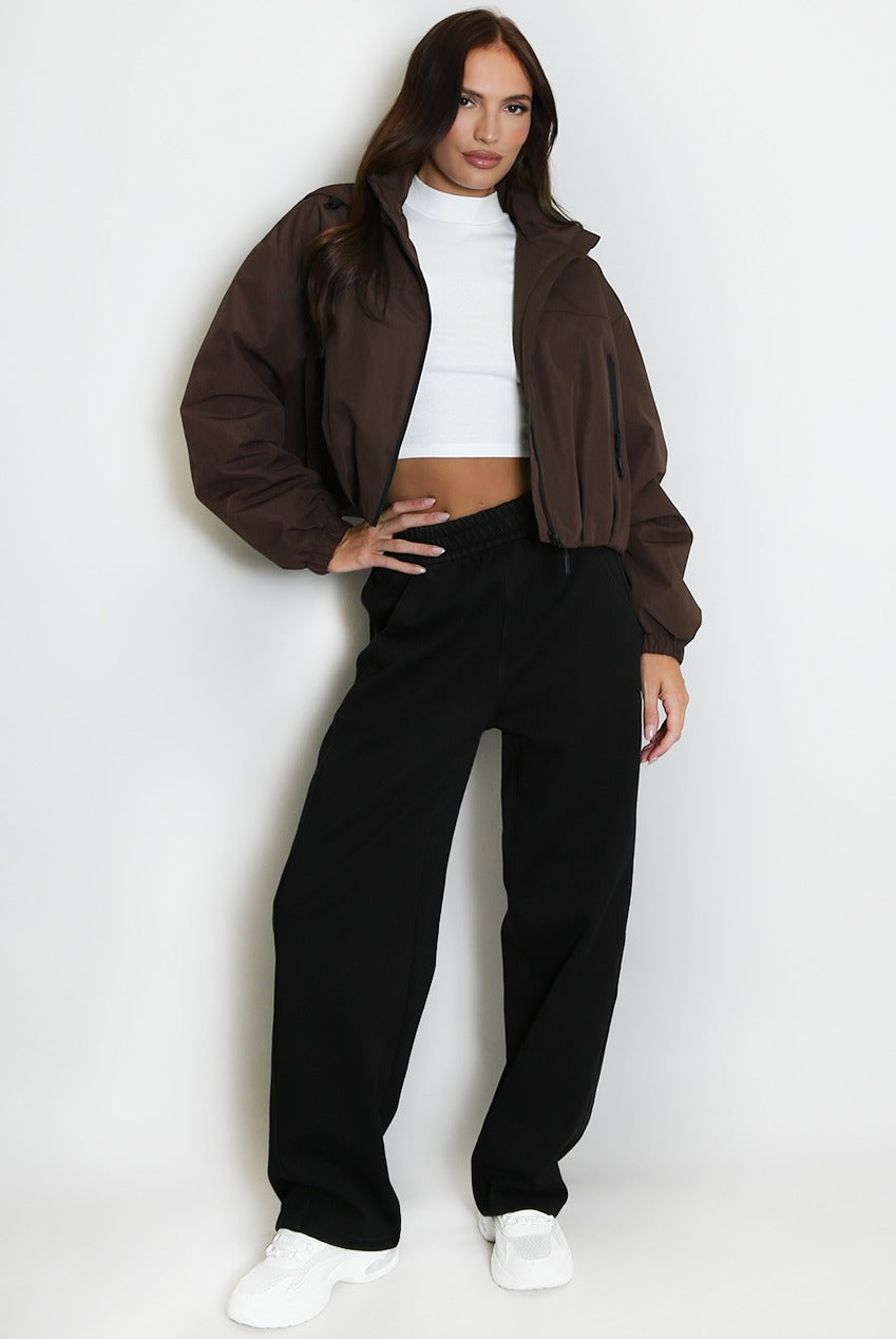 Brown cropped hooded jacket with zipper front and ribbed elastic cuffs