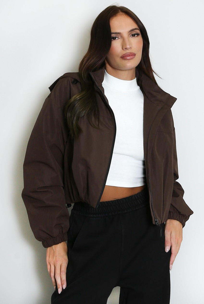 Brown hooded cropped jacket with front zipper and elastic sleeve cuffs