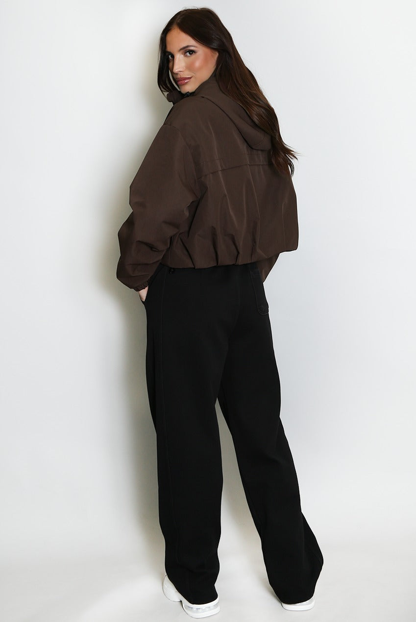 Brown cropped hooded jacket with hood and gathered waist