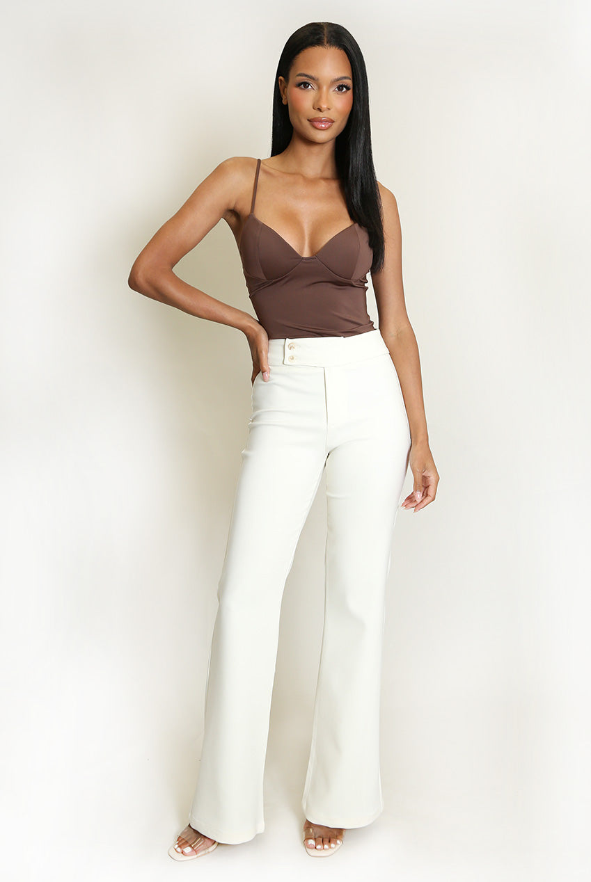 Sculpt corset camisole in brown with V-neck and narrow spaghetti straps.
