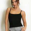 Black gym cami top with thin straps and fitted scoop neckline