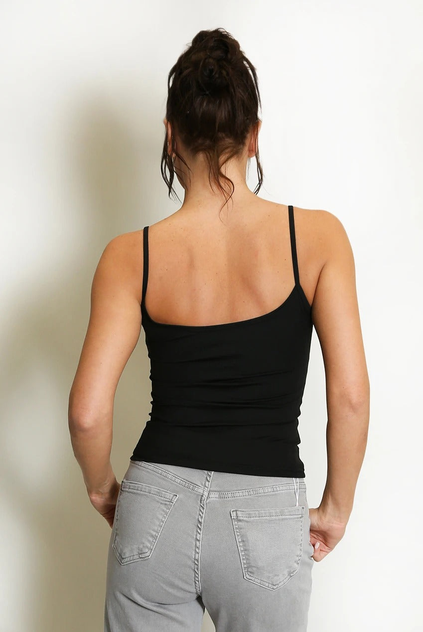 Black gym cami top with spaghetti straps, scoop back design