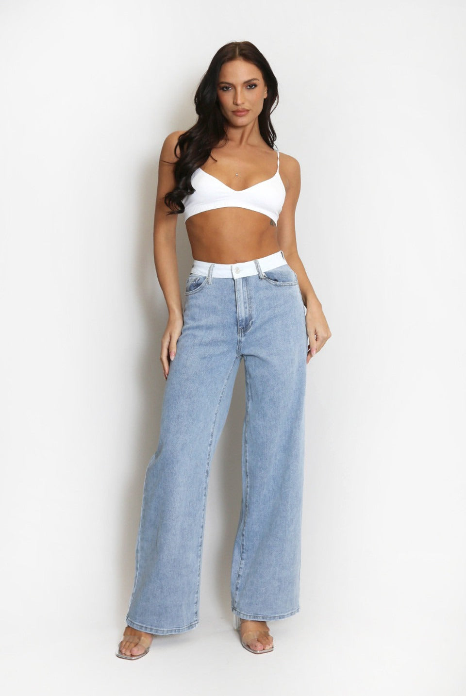 White Waist Band Dad Fit Denim Blue Jeans - Adalee