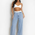White Waist Band Dad Fit Denim Blue Jeans - Adalee