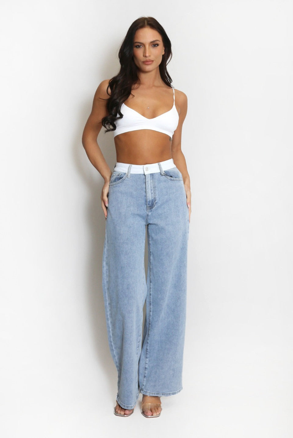 White Waist Band Dad Fit Denim Blue Jeans - Adalee