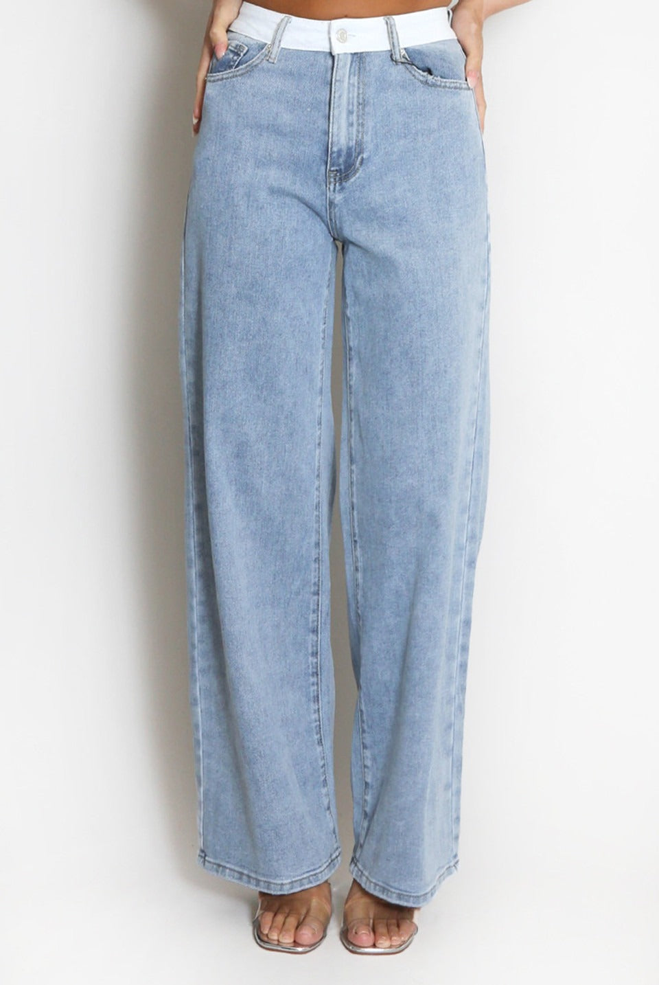 White Waist Band Dad Fit Denim Blue Jeans - Adalee