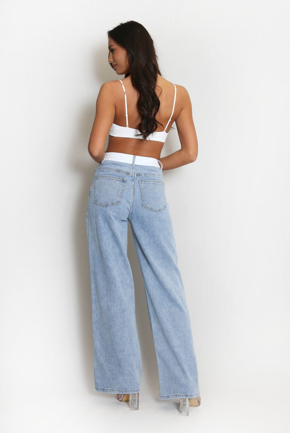 White Waist Band Dad Fit Denim Blue Jeans - Adalee