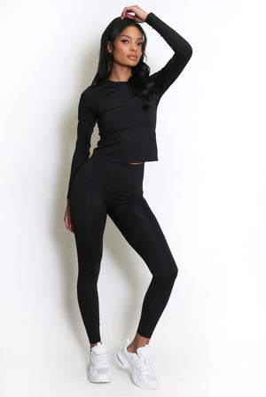 Black Full Sleeve Active Gym Top And Leggings Set - Lauren - Storm Desire