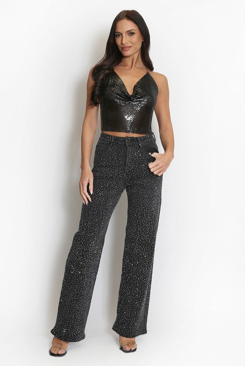 Diamante Embellished Wide Fit Jeans - Honey