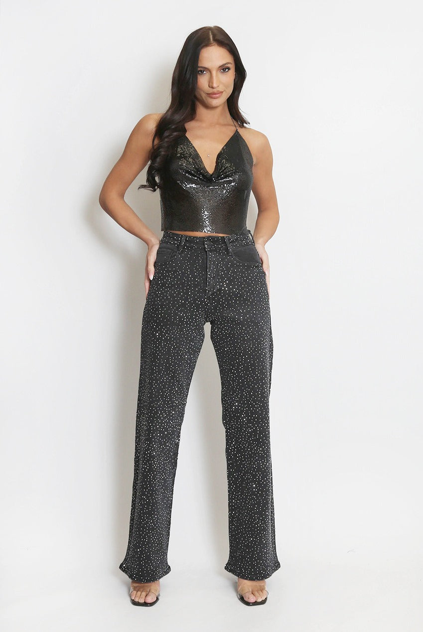 Diamante Embellished Wide Fit Jeans - Honey