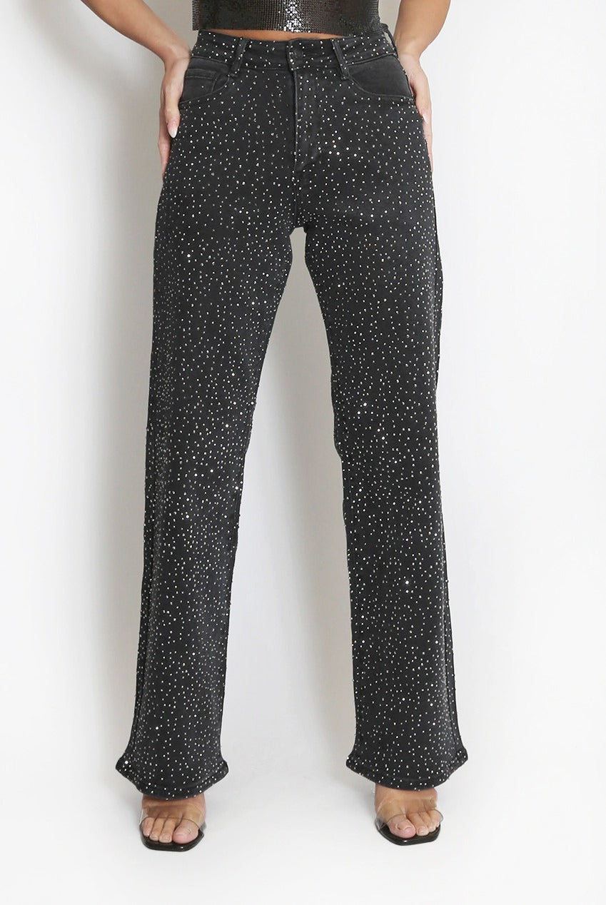Diamante Embellished Wide Fit Jeans - Honey