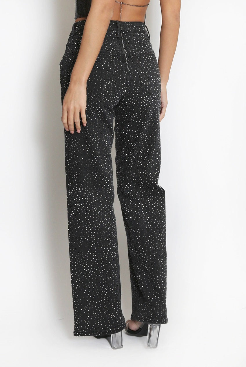 Diamante Embellished Wide Fit Jeans - Honey