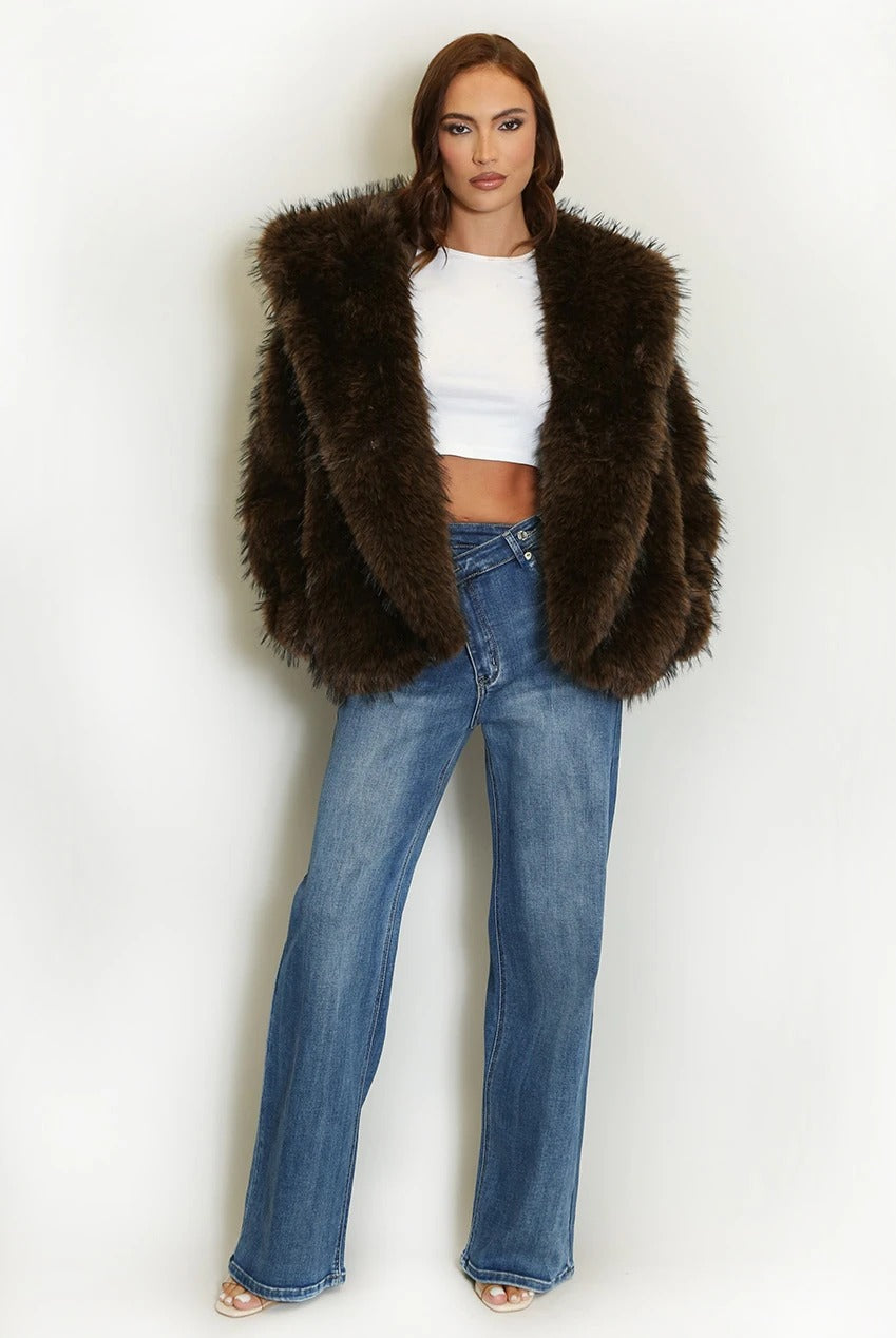 Dark brown shaggy fur coat worn open, showing its wide front panels
