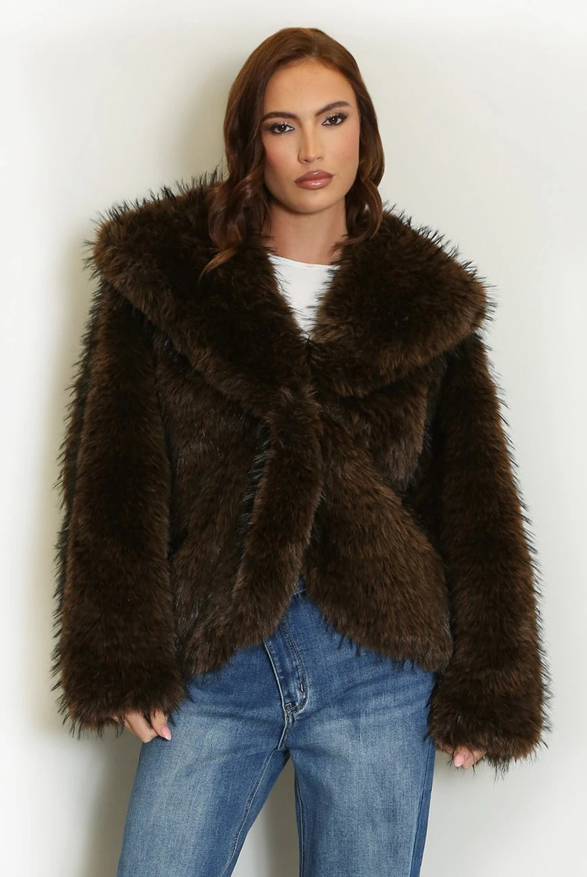 Dark brown shaggy fur coat with a wide collar and long sleeves