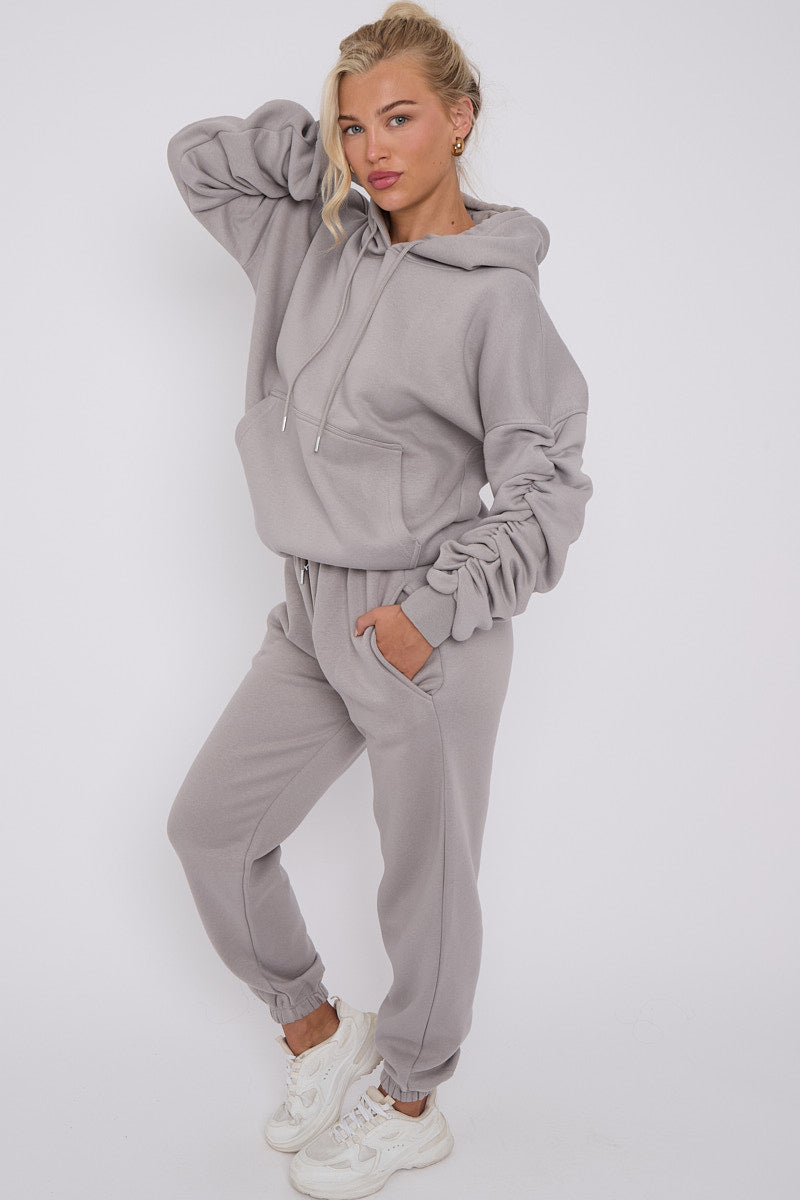 Dove Grey Ruched Sleeve Hoodie And Jogger Set - Storm Desire
