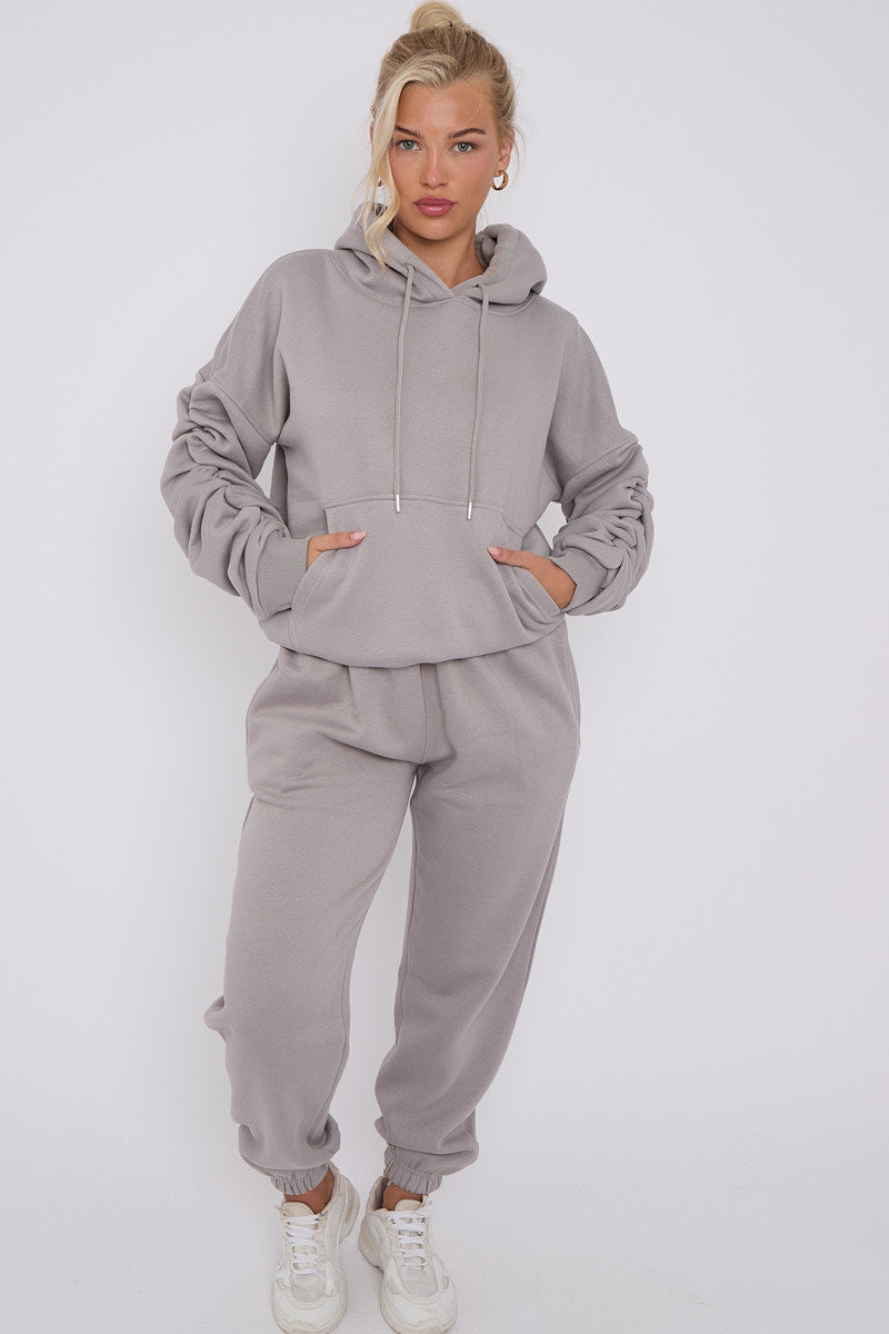 Dove Grey Ruched Sleeve Hoodie And Jogger Set - Storm Desire