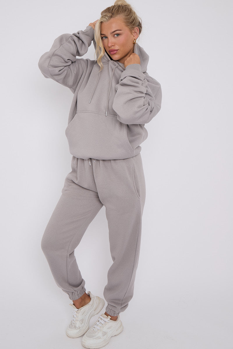 Dove Grey Ruched Sleeve Hoodie And Jogger Set - Storm Desire
