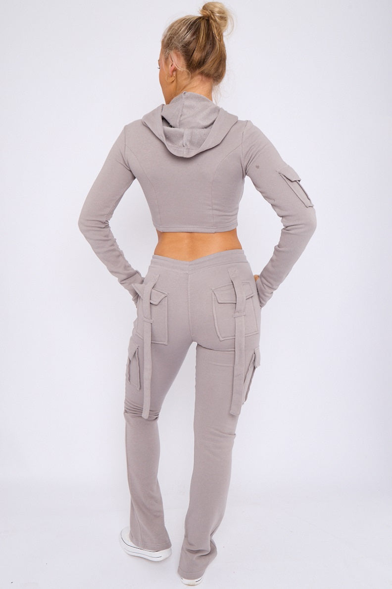 Utility Pocket Crop Zip Top & Flare Jogger Set - Isabel - Storm Desire