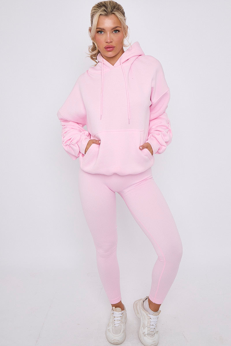 Baby Pink Ribbed Leggings & Ruched Sleeve Hoodie Set - Ellie - Storm Desire