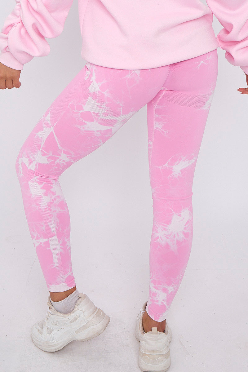 Baby Pink Ruched Sleeve Hoodie & Tie Dye Print Bum Sculpt Leggings Set- Cora - Storm Desire