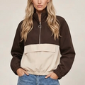 Two-tone half-zip jacket with front pocket, dark brown and cream color-block